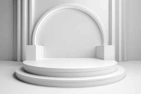 3D stage podium with minimal geometric shape.White color tone.3D render for product showcase,promotion and cosmetic product.の素材