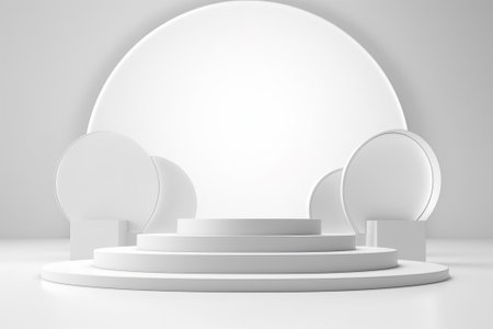 3D stage podium with minimal geometric shape.White color tone.3D render for product showcase,promotion and cosmetic product.の素材