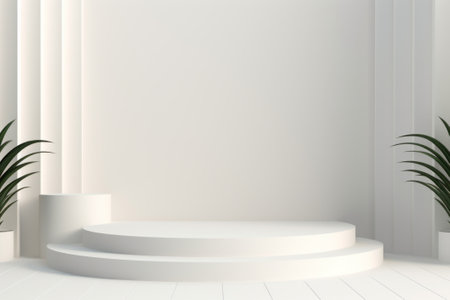 3D stage podium with minimal geometric shape.White color tone.3D render for product showcase,promotion and cosmetic product.の素材