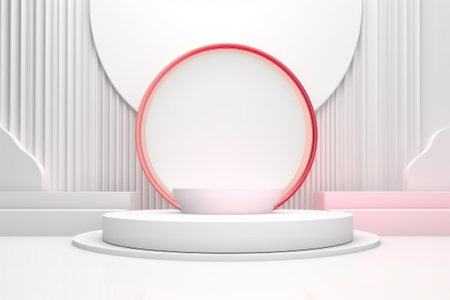 3D stage podium with minimal geometric shape.White color tone.3D render for product showcase,promotion and cosmetic product.の素材