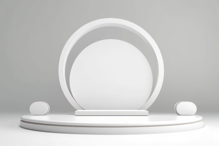 3D stage podium with minimal geometric shape.White color tone.3D render for product showcase,promotion and cosmetic product.の素材