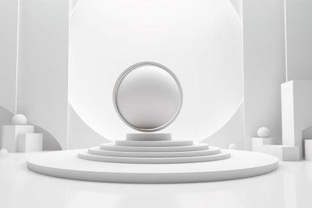 3D stage podium with minimal geometric shape.White color tone.3D render for product showcase,promotion and cosmetic product.の素材
