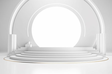 3D stage podium with minimal geometric shape.White color tone.3D render for product showcase,promotion and cosmetic product.の素材