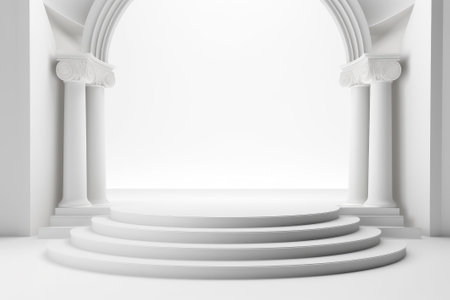 3D stage podium with minimal geometric shape.White color tone.3D render for product showcase,promotion and cosmetic product.の素材