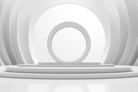 3D stage podium with minimal geometric shape.White color tone.3D render for product showcase,promotion and cosmetic product.の素材