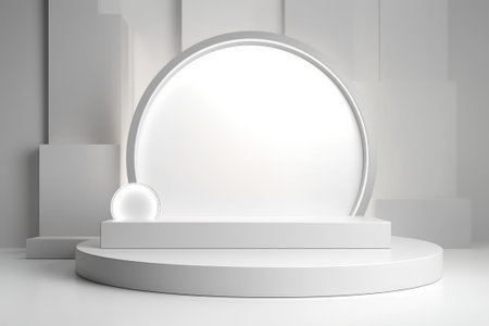 3D stage podium with minimal geometric shape.White color tone.3D render for product showcase,promotion and cosmetic product.の素材