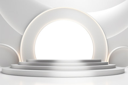 3D stage podium with minimal geometric shape.White color tone.3D render for product showcase,promotion and cosmetic product.の素材