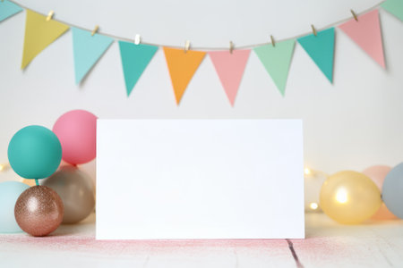 Birthday party card with balloons,cake,candles,flag and gift box.Kid birthday party,invitation and greeting card concept.の素材