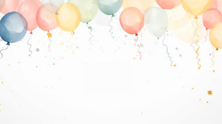 Birthday party card with balloons,cake,candles,flag and gift box.Kid birthday party,invitation and greeting card concept.の素材