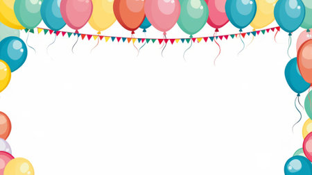 Birthday party card with balloons,cake,candles,flag and gift box.Kid birthday party,invitation and greeting card concept.の素材