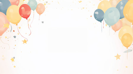 Birthday party card with balloons,cake,candles,flag and gift box.Kid birthday party,invitation and greeting card concept.の素材