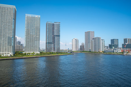 Cityscape with Skyscrapers and Lake in Tokyo Japanの写真素材
