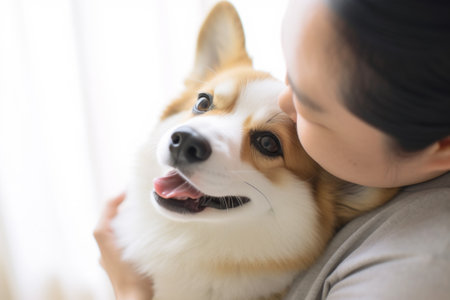 portrait of woman hugging cute corgi dog. pet conceptの素材