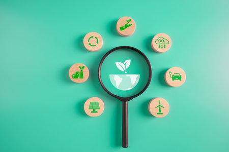 net zero and global warming concept.magnifier glass with net zero and factors icons to help global warming problem.CO2 emission and pollution reduction.の写真素材
