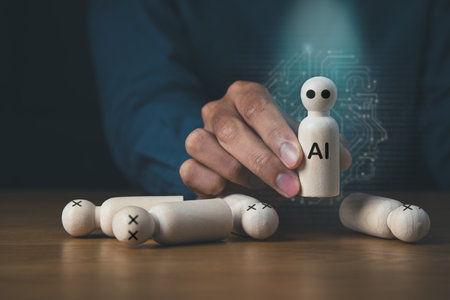 Business man with wooden block of AI and businessman artificial intelligence concept,innovation technology, futuristic, internet network communicationの写真素材