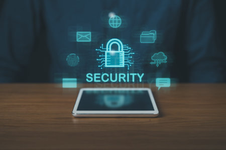 Business man using tablet with padlock and security icons screen, cybersecurity system concept,...