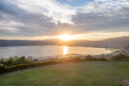 Sunset at Suwa lake view from Tateishi Parkの写真素材
