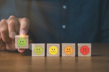 Business man select satisfaction icons for customer satisfaction scores. customer survey rating score concept.の写真素材