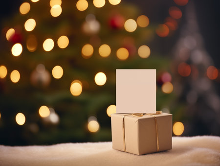 Blank note and gift box on the table with blur christmas tree backgroundの素材