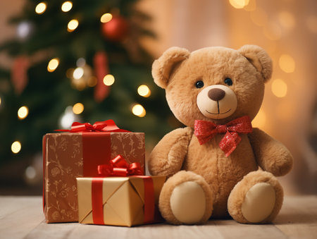 Christmas bear doll and giftbox with blur christmas tree background in room warm toneの素材