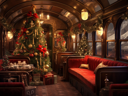 Christmas tree with ball and gift box inside old train carrageの素材