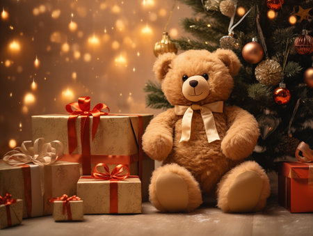 Christmas bear doll and giftbox with blur christmas tree background in room warm toneの素材