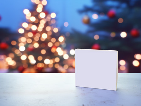 Blank note on the table with blur christmas tree backgroundの素材