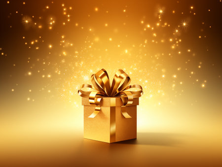 golden giftbox with blur golden star light backgroundの素材