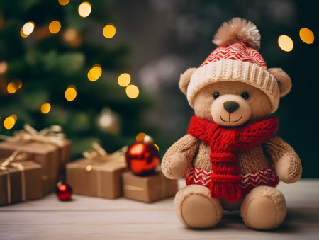 Christmas bear doll and giftbox with blur christmas tree background in room warm toneの素材