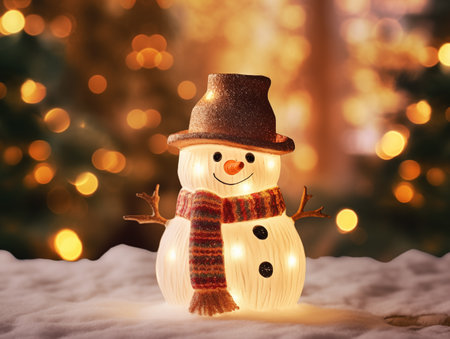 snow man stand on the snow in dark night with  christmas tree lightの素材