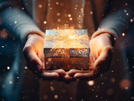 woman hand holding gift box with flake snow and star in christmas night.christmas and celebration concept.の素材