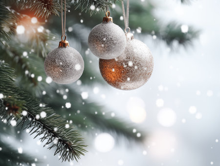 Christmas balls hanging on christmas tree with blur colorful background and bokeh lightingの素材