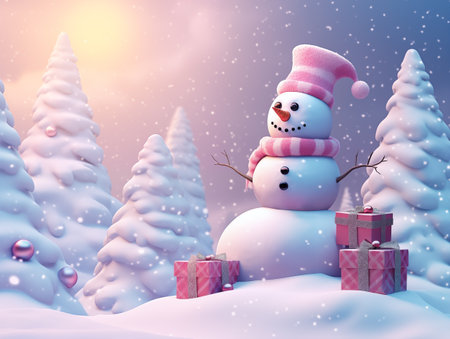 snow man stand on snow with christmas tree with soft pink and blue tone backgroundの素材