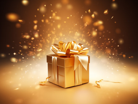 golden giftbox with blur golden star light backgroundの素材