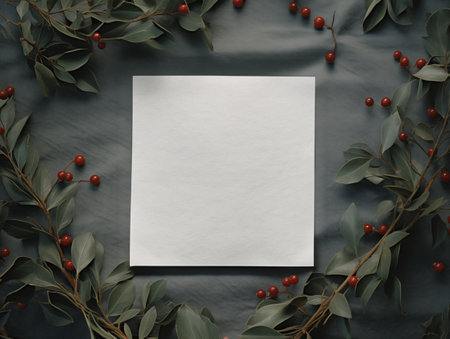 white paper with green leaf and red berry backgroundの素材