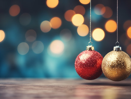 Christmas balls hanging with blur colorful background and bokeh lightingの素材