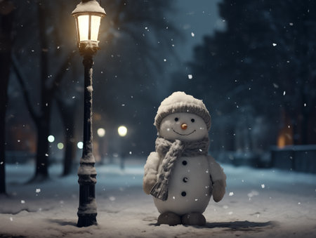 snow man stand on the street in dark night with street lamp in christmas nightの素材