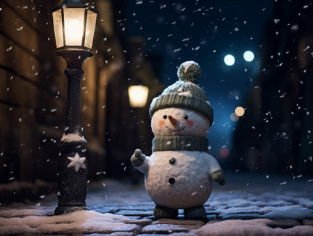 snow man stand on the street in dark night with street lamp in christmas nightの素材
