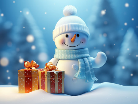 snow man stand on snow with christmas tree with soft blue tone backgroundの素材