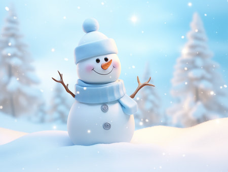 snow man stand on snow with christmas tree with soft blue tone backgroundの素材