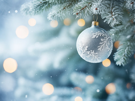Christmas balls hanging on christmas tree with blur colorful background and bokeh lightingの素材