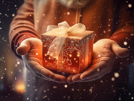 woman hand holding gift box with flake snow and star in christmas night.christmas and celebration concept.の素材