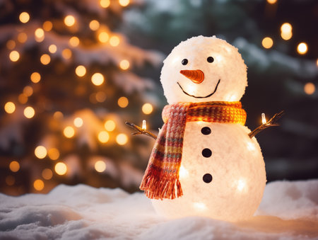 snow man stand on the snow in dark night with  christmas tree lightの素材