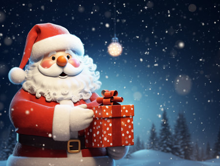Santa claus holding christmas giftbox with blur snow background in christmas nightの素材