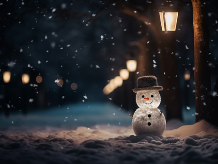 snow man stand on the street in dark night with street lamp in christmas nightの素材