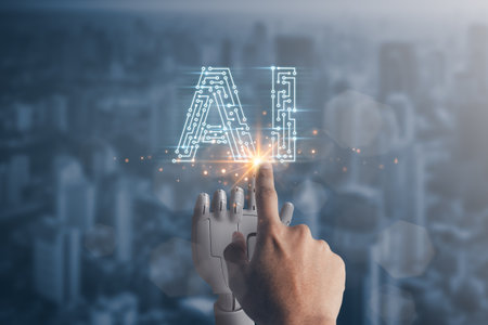Businessman and AI robot hand touching. Futuristic Innovation with Robot AI artificial intelligence technology conceptの写真素材