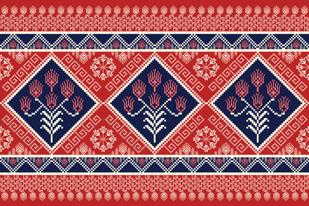 pixel art geometric shapes seamless pattern Ethnic abstract pixel art with blue and red color.のイラスト素材