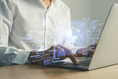 Businessman using tablet with cyber security digital screen. Digital information technology and cyber security concept.の写真素材