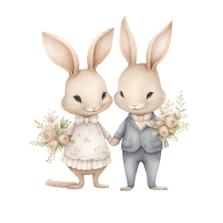 Cute Watercolor rabbit couple isolate on transparent background.Love romantic and valentine concept.の素材