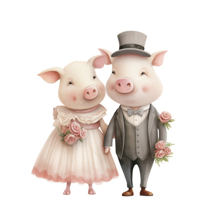 Cute Watercolor pig couple isolate on transparent background.Love romantic and valentine concept.の素材